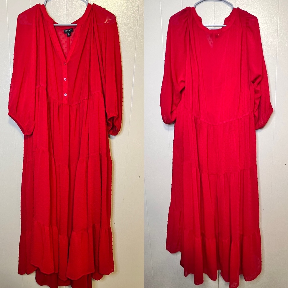 Torrid size 4 red midi dress with sheer top and lining.  GUC